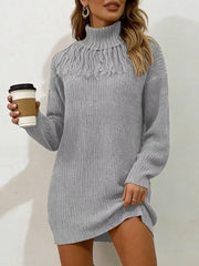 Full Size Turtleneck Fringe Sweater Dress in Burgundy, alternate angle