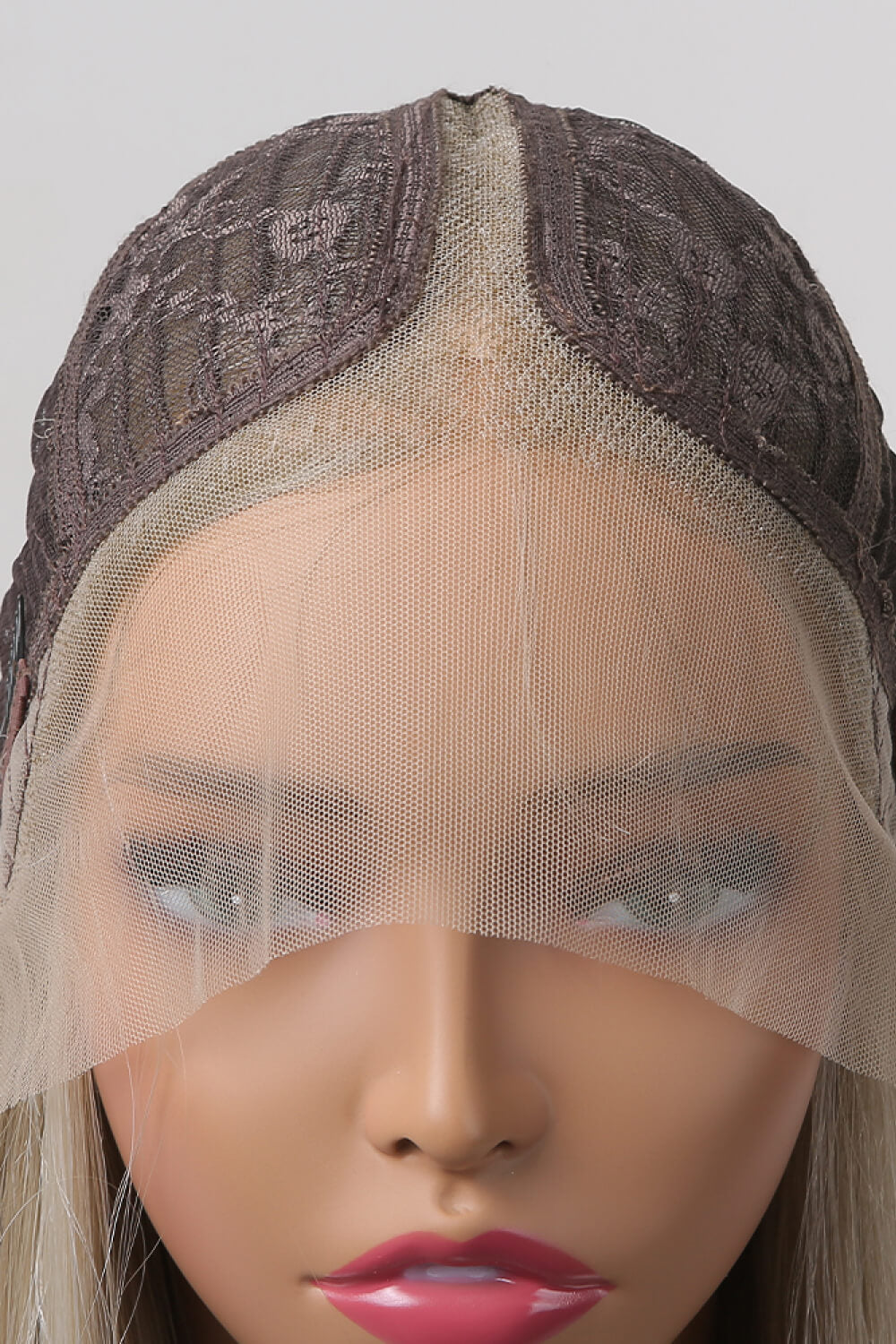 Luxe Platinum Lace Front Wig in Blonde/Ash Brown Root, showing cap construction and lace detail.