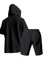 Black linen blend hooded top and shorts set for men