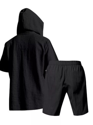 Black linen blend hooded top and shorts set for men