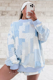 Patchwork Floral Print Stand Neck Two-piece Set in Light Blue, back view