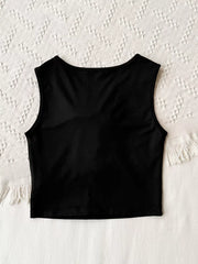 Black crop tank top with round neck and floral applique detail
