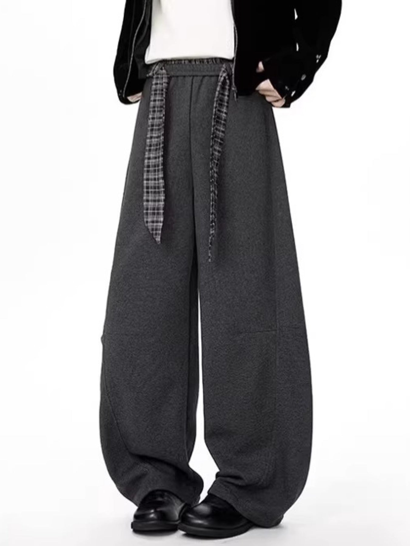 Men's gray relaxed fit wide-leg sweatpants with a plaid tie belt.