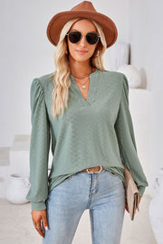 Sage textured puff sleeve henley blouse with split neckline and diamond pattern