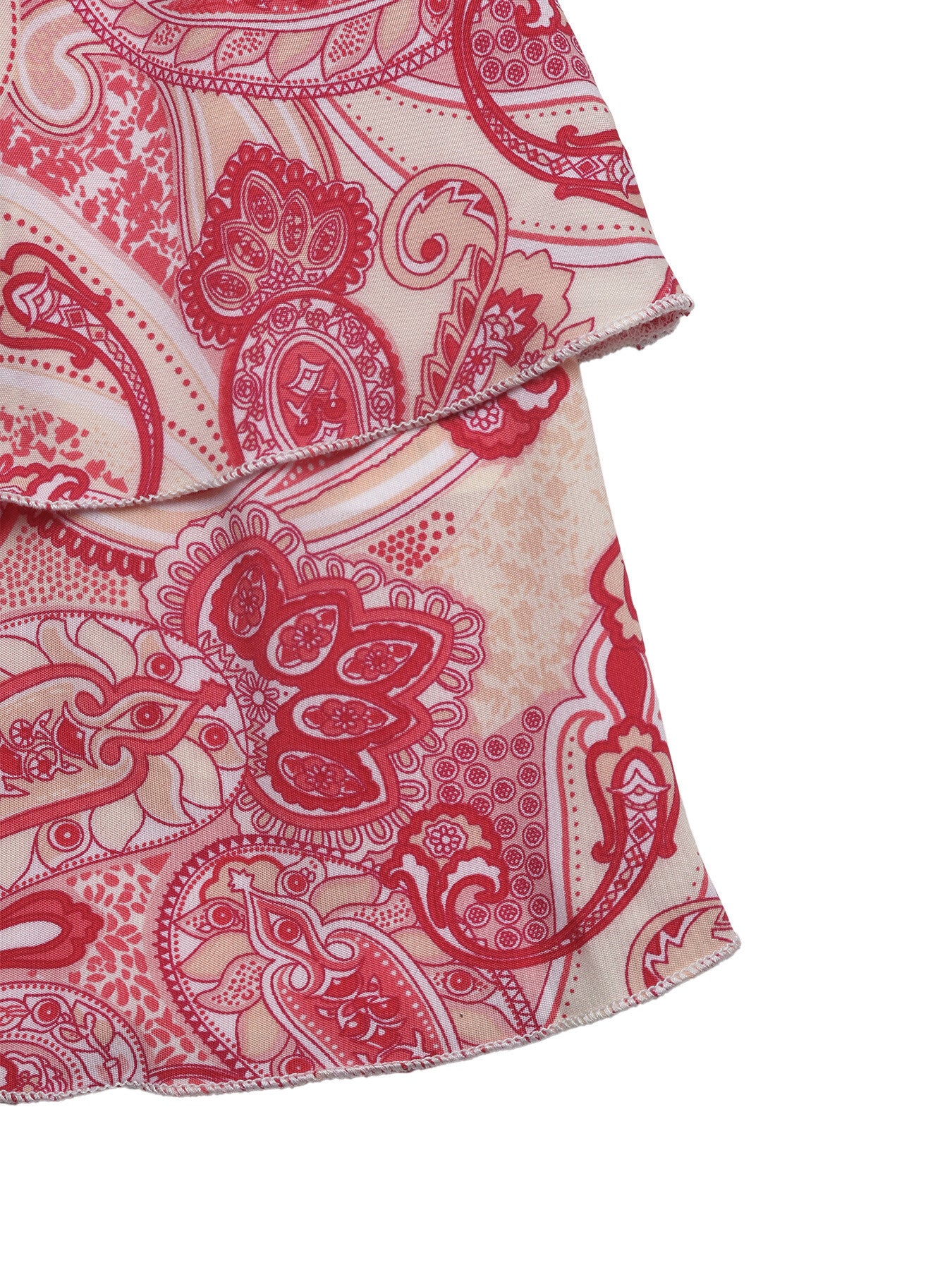 Paisley print smocked two-piece set with frill detail in red and beige.