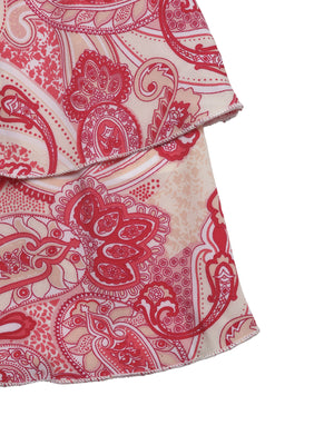 Paisley print smocked two-piece set with frill detail in red and beige.