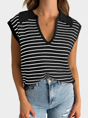 Black and white striped ribbed knit polo vest with a deep V-neck and collar.