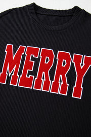 Black ribbed loungewear top with red "Merry" applique detail