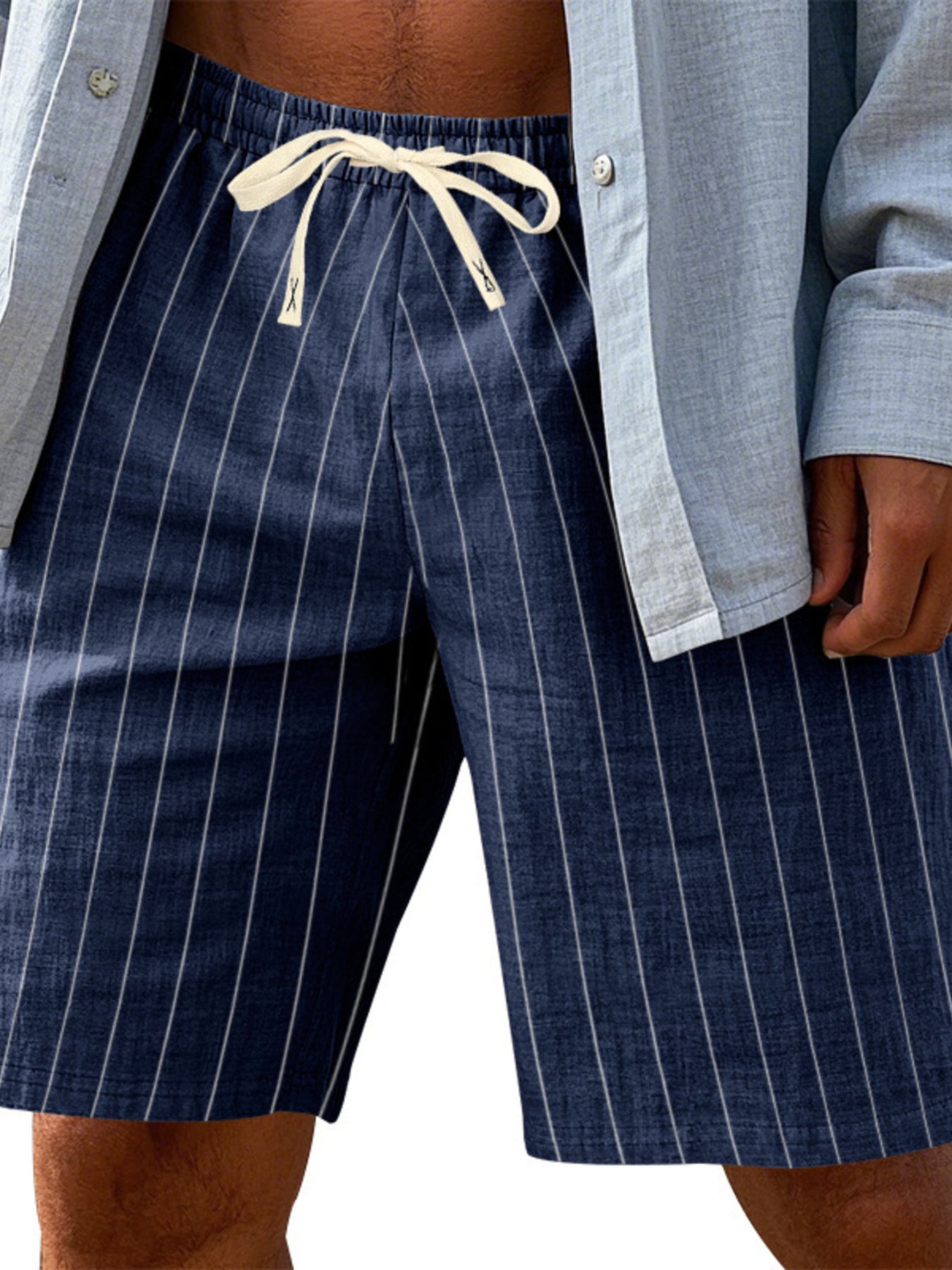 Navy striped chino shorts with drawstring waist and white pinstripes.