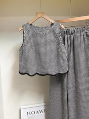Plaid two-piece outfit set with scalloped trim and wide leg pants.