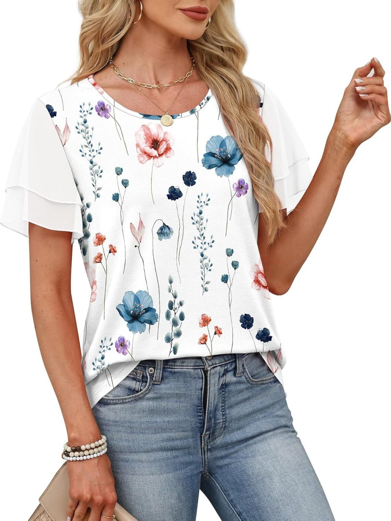 Layered ruffled short sleeve t-shirt with a white floral print and sheer sleeves.
