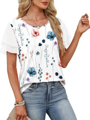 Layered ruffled short sleeve t-shirt with a white floral print and sheer sleeves.