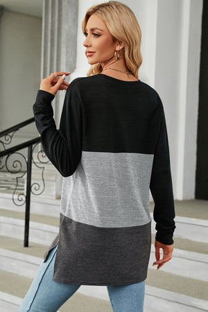Colorblock long sleeve tee with split hem in black, light gray, and charcoal.