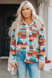 Southwestern print button-down blouse in multicolor with a collared neckline and long sleeves.