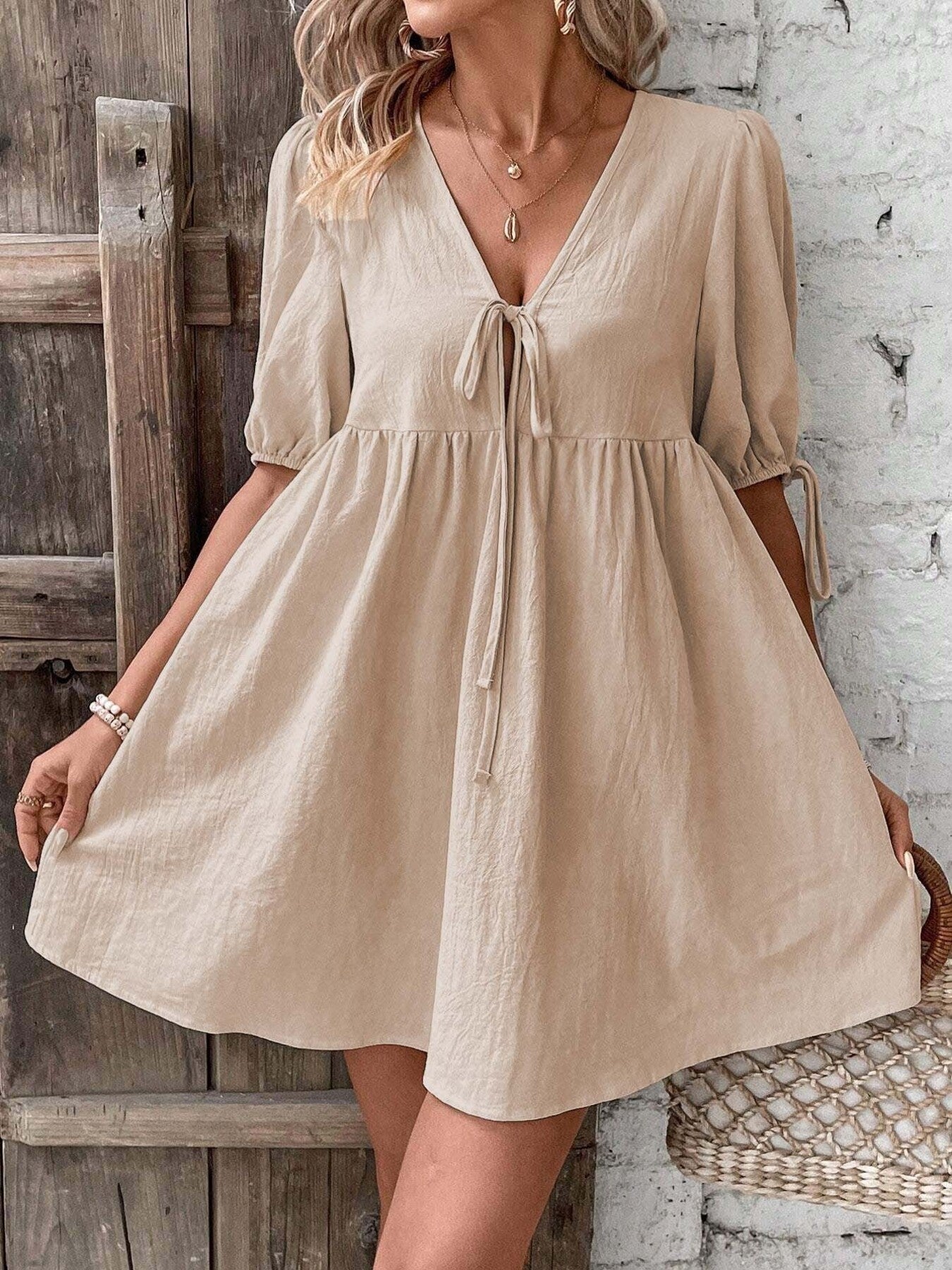 Khaki tie front puff sleeve mini dress with adjustable sleeve ties
