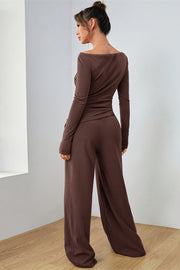 Dark Brown boat neck loungewear set with wide leg pants and long sleeves.