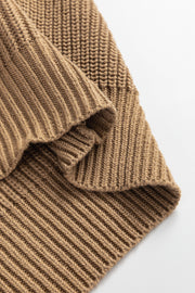 Camel ribbed button-down cardigan vest with acrylic blend fabric detail.