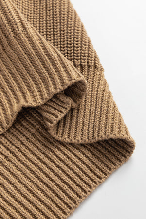 Camel ribbed button-down cardigan vest with acrylic blend fabric detail.