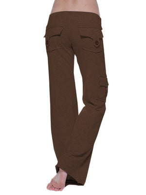 Cargo-inspired wide-leg drawstring trousers in coffee brown with button flap back pockets.