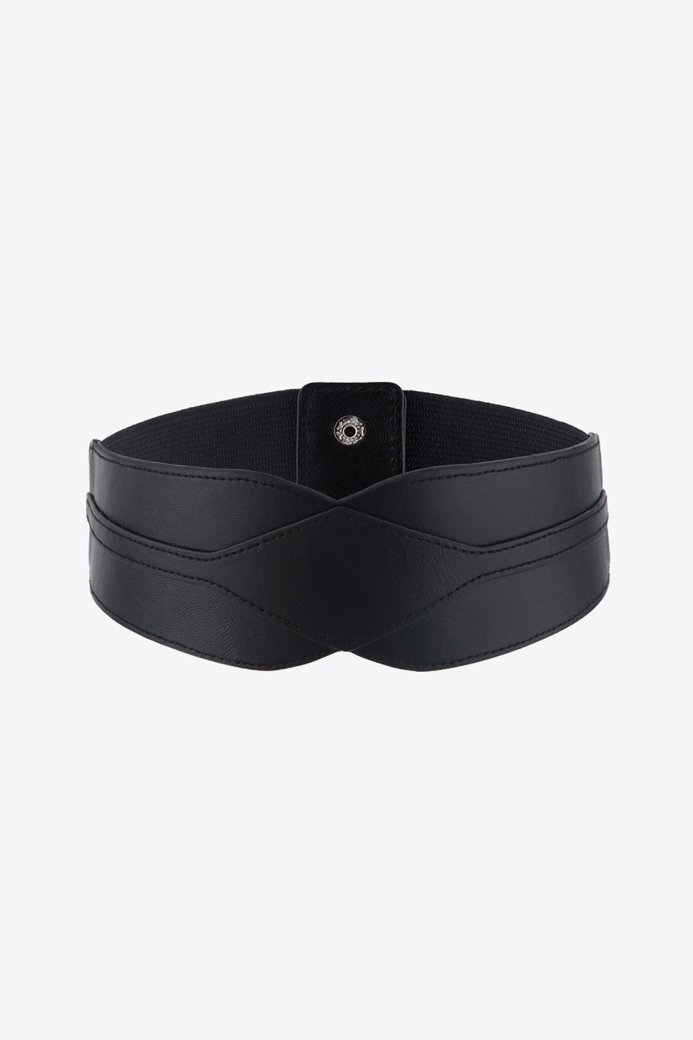 Black elastic belt with sculpted faux leather overlay and snap closure