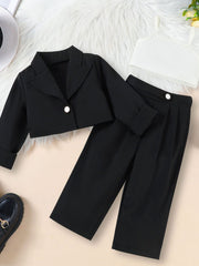 Toddler black cropped blazer and pants set with white cami top.