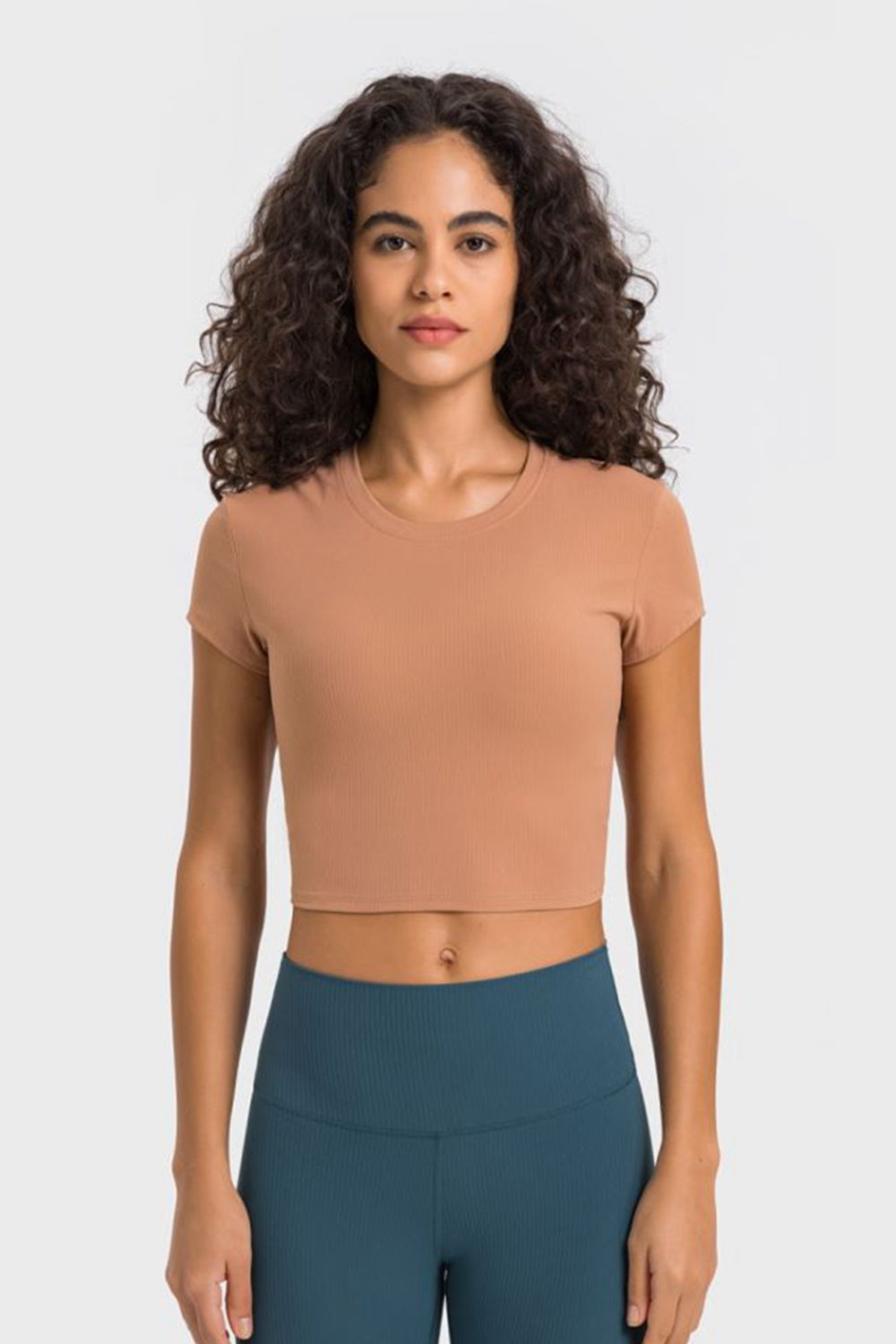 Ribbed crewneck crop top in brown with short sleeves.