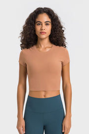 Ribbed crewneck crop top in brown with short sleeves.
