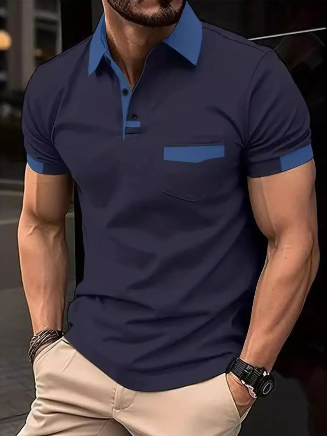 Navy polo shirt with contrasting blue collar, pocket and sleeve details.
