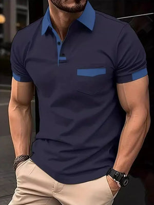Navy polo shirt with contrasting blue collar, pocket and sleeve details.
