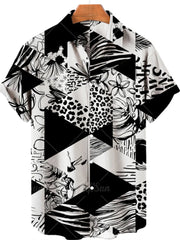 Men's Plus Size Printed Button Up Short Sleeve Shirt, model styling view