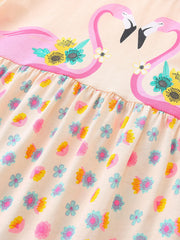 Baby cotton dress with pink flamingos and floral print