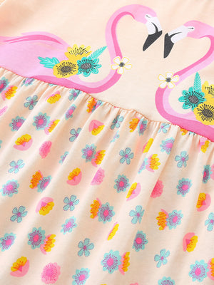 Baby cotton dress with pink flamingos and floral print