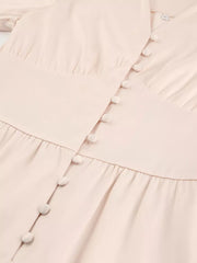 Elegant V-neck Puff Sleeve Button-down Midi Dress in White, fit detail
