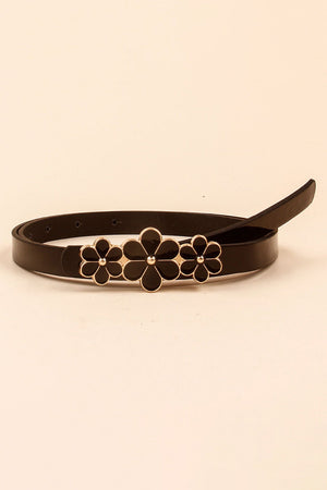 Black skinny belt with gold trim and black floral blossom accents