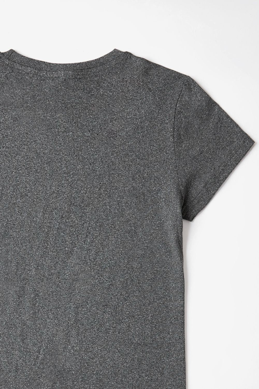 Dark Gray crewneck t-shirt with short sleeves and a speckled texture.