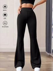Black maternity flare pants with a high waist and comfortable, breathable fabric.