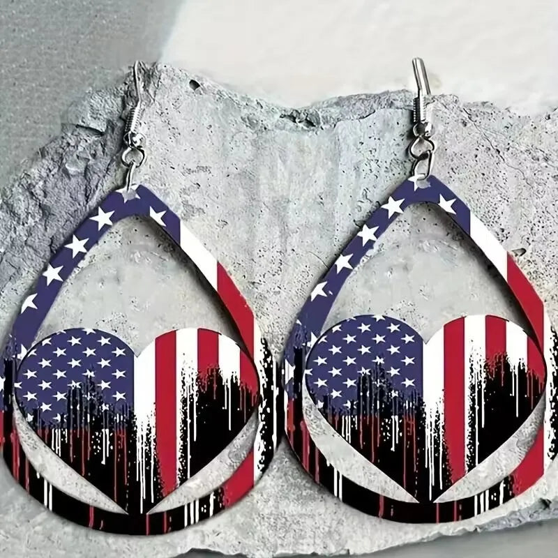 Patriotic teardrop heart earrings with American flag design, multicolor alloy.