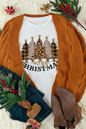 White graphic tee with textured Christmas trees and buffalo plaid detail, "merry CHRISTMAS" text