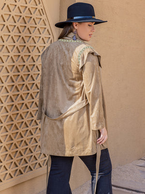 Camel suede wrap jacket with embroidered trim and belt