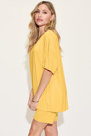 Yellow bamboo loungewear set with relaxed fit tee and shorts.