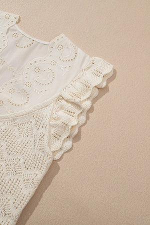 Beige crochet knit vest with eyelet yoke detail and ruffled trim