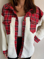 Plaid shacket with sherpa panels and button front.