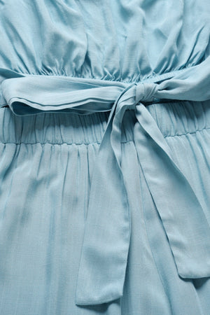 Light blue bandeau tie-waist wide-leg jumpsuit with elasticated waist and fabric tie detail.