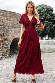 Wine lace midi dress with V-neck, short sleeves, cinched waist, and scalloped hem.