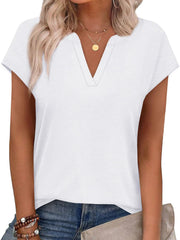 White short-sleeve t-shirt with notched V-neck and heathered texture.