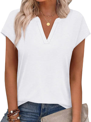 White short-sleeve t-shirt with notched V-neck and heathered texture.