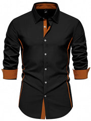 Black button-down shirt with contrast trim and cuffs