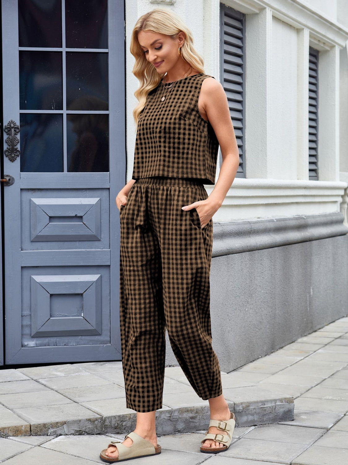 Brown gingham cropped tank and wide leg pants set with drawstring waist.
