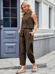 Brown gingham cropped tank and wide leg pants set with drawstring waist.