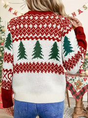 Red and white ribbed Christmas tree sweater with Fair Isle pattern.